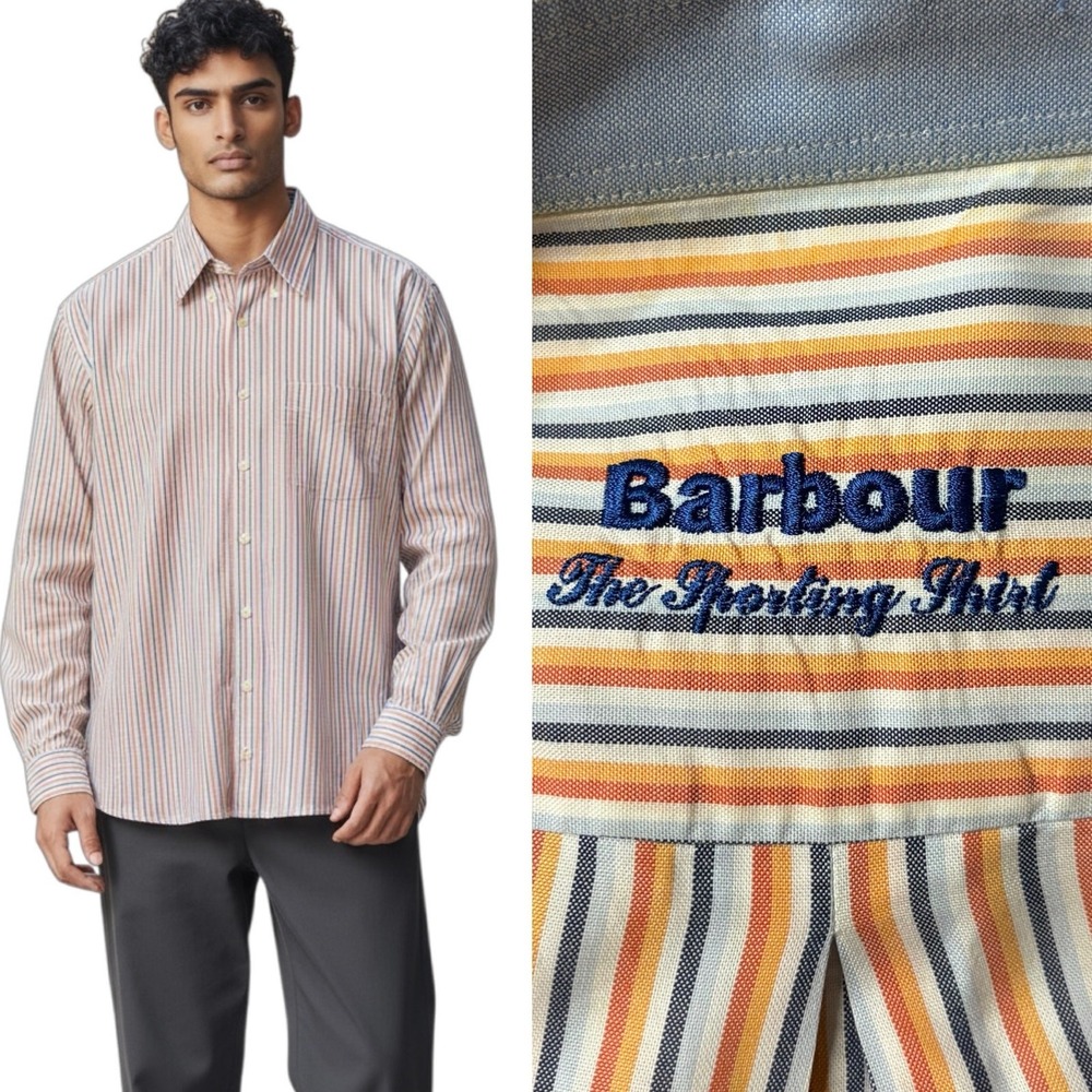 Barbour The Sporting Shirt Orange Blue Vertical‎ Striped L/S Button Down - L